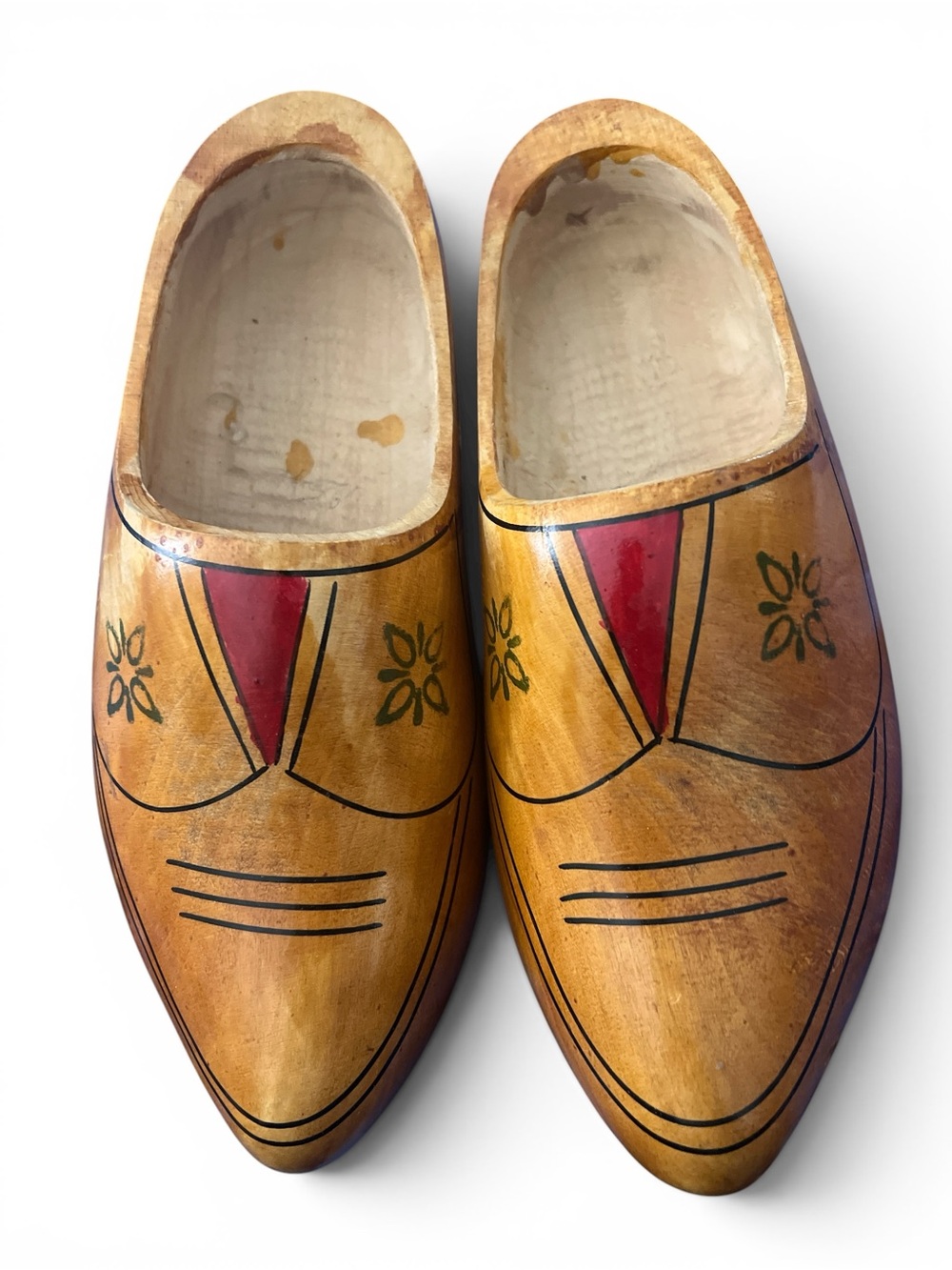 Vintage Traditiona Hand-Painted Wooden Clogs in Natural Tan with Red Accent 25.5